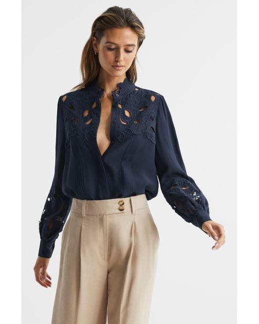 Reiss Blue Sophie - Navy Lace Detail Shirt Blouse, Us 12