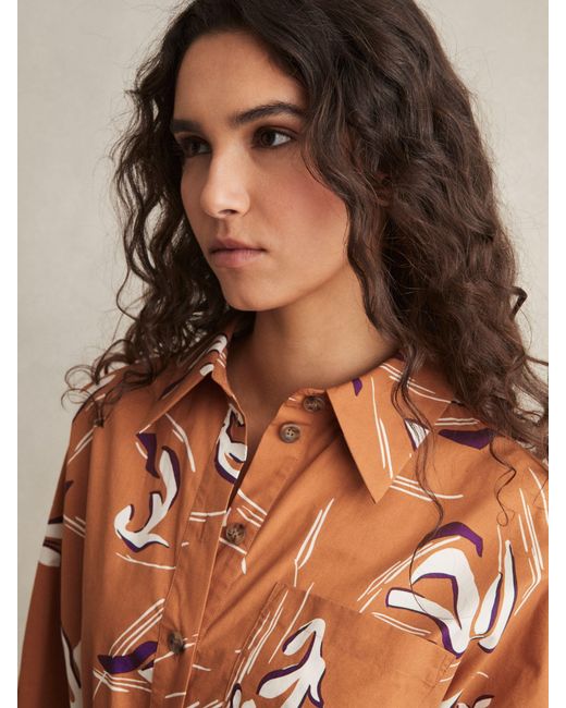 Reiss Brown Valia - Rust Cotton Printed Shirt Dress, Us 0