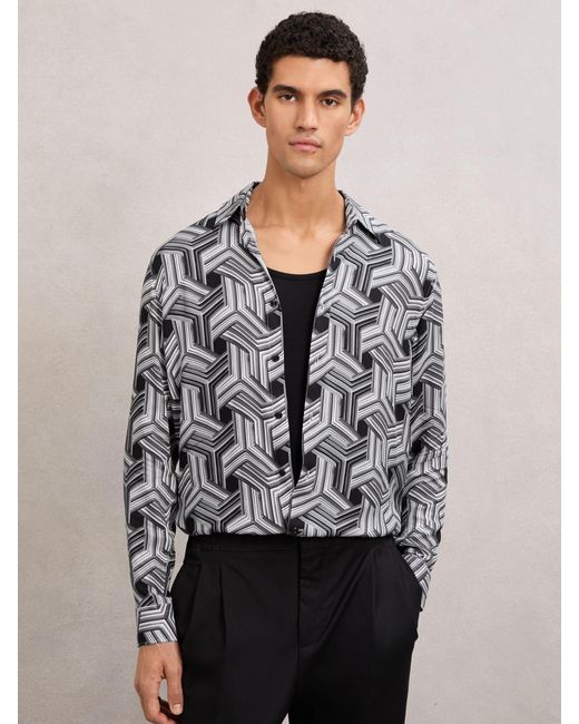 Reiss Gray Abstract-Print Regular-Fit Shirt for men