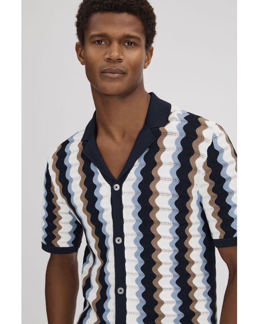 Reiss Black Waves - Blue Multi Knitted Cuban Collar Shirt for men