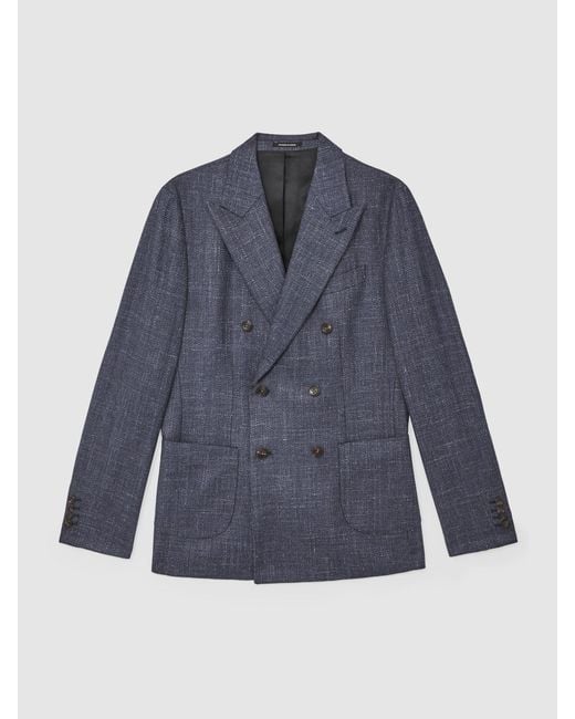 Reiss Blue Double-Breasted Herringbone Blazer Tailored-Fit Wool-Blend for men