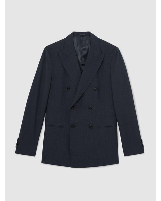 Reiss Blue Tailored Fit Double-Breasted Check Suit Blazer Wool-Blend for men