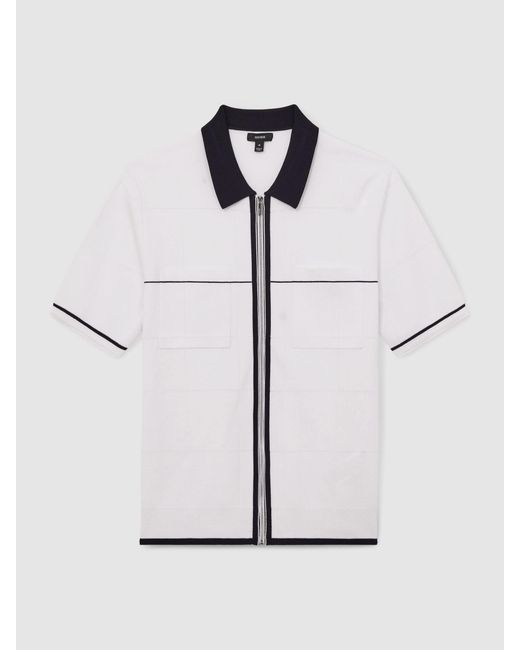 Reiss Blue Compact-Knit Tipped Zip-Through Shirt for men