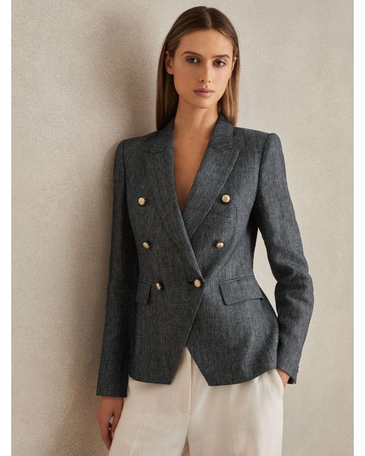Reiss Blue Baker - Navy Petite Linen-cotton Double-breasted Blazer, Us 8