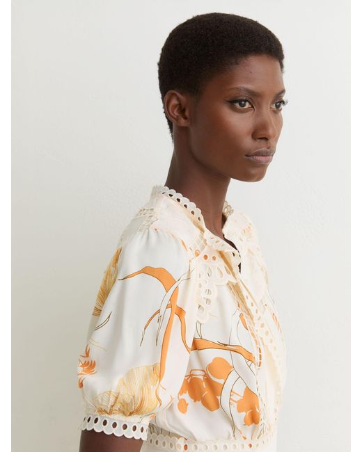 Reiss Natural Floral-Print Lace-Trim Mini Dress