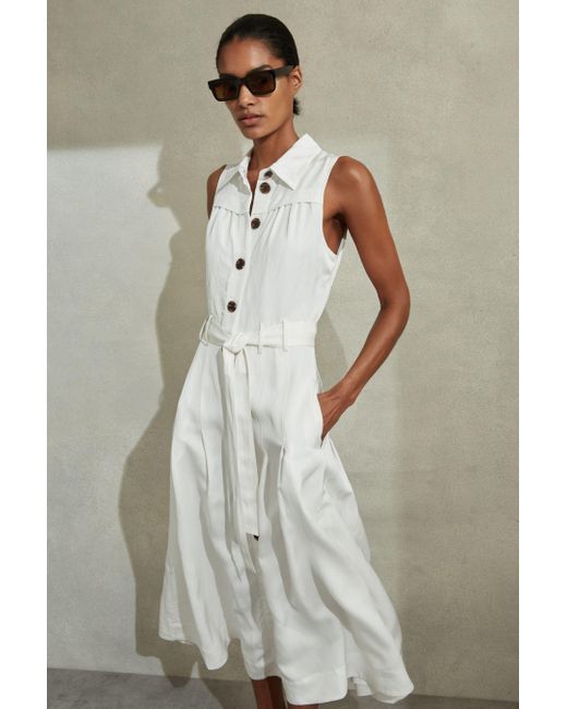 Reiss Natural Heidi - White Petite Viscose Linen Belted Midi Dress, Us 10