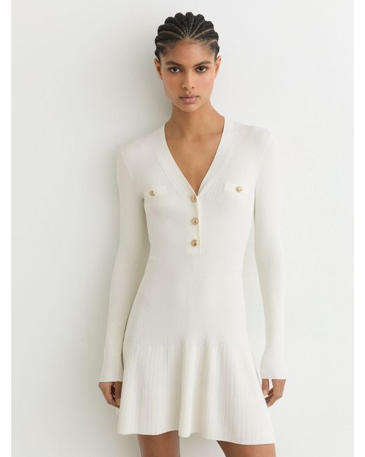 Reiss White Knitted Button-Detail Mini Dress