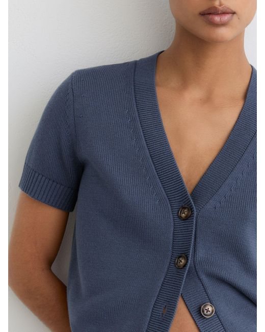 Reiss Blue V-Neck Short-Sleeve Cardigan Cotton-Wool
