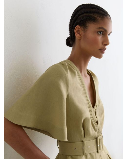 Reiss Sansi - Green Linen Short-sleeve Belted Playsuit, Us 8