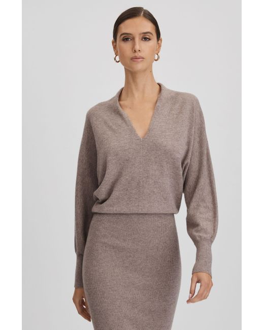 Reiss Gray Sally - Neutral Wool Blend Midi Dress