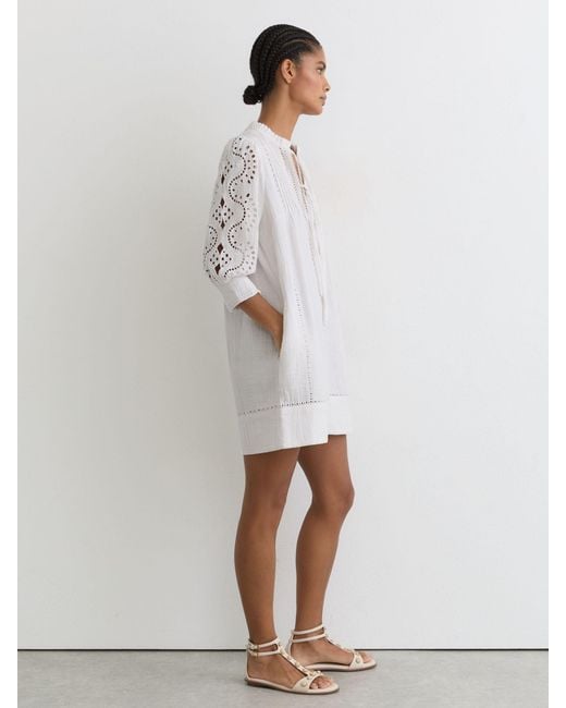 Reiss White Gia - Ivory Cotton Cheesecloth Broderie Mini Dress, Us 4