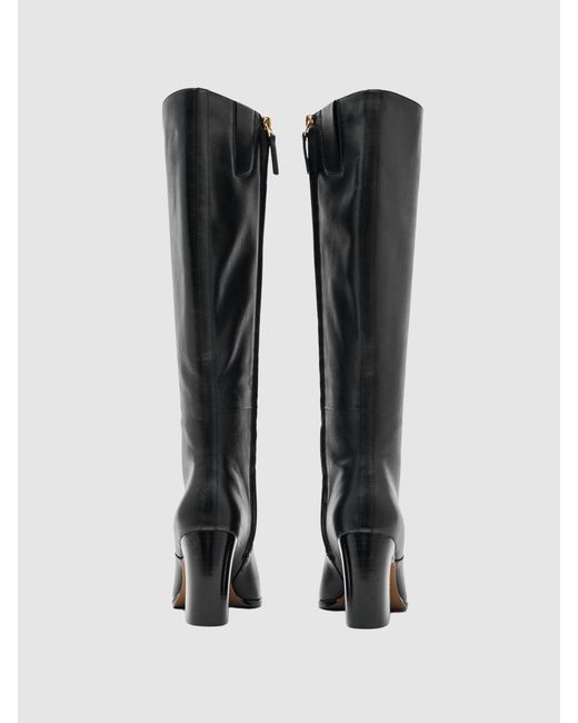 Reiss Black Leather Knee-High Block-Heel Boots