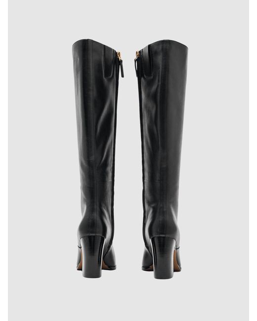 Reiss Black Leather Knee-High Block-Heel Boots