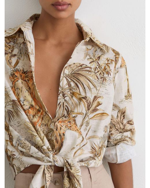 Reiss Natural Cece - Neutral Cotton Safari-print Tie-front Shirt, Us 12