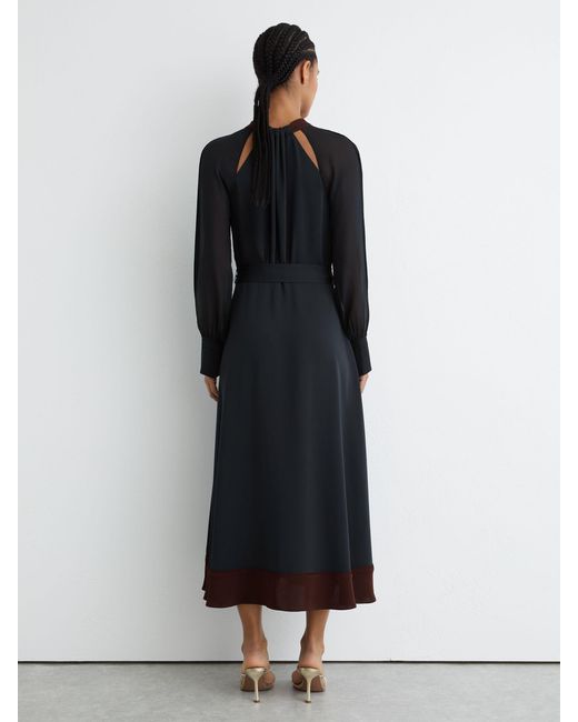 Reiss Black Burgundy Tie-Neck Belted Midi Dress