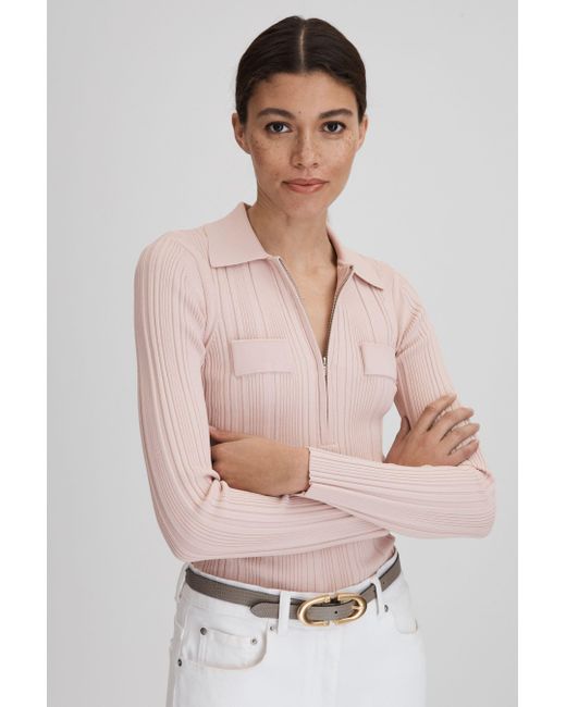 Reiss Pink Clemmie - Nude Ribbed Half-zip Fitted Top, Xs