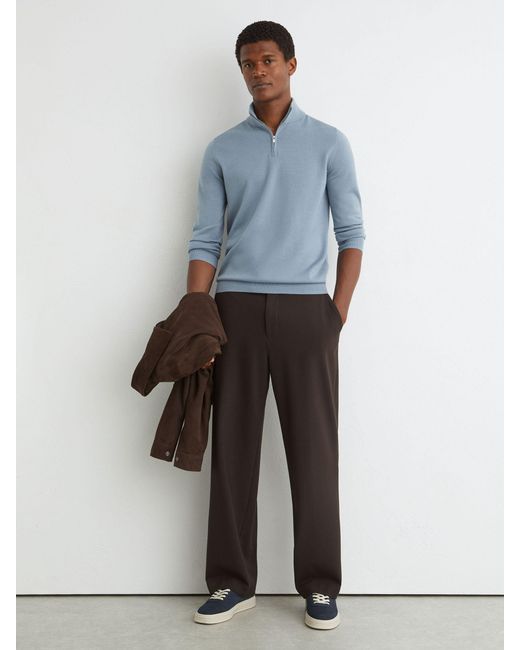 Reiss Blue Merino Wool Half-Zip Funnel-Neck Jumper for men