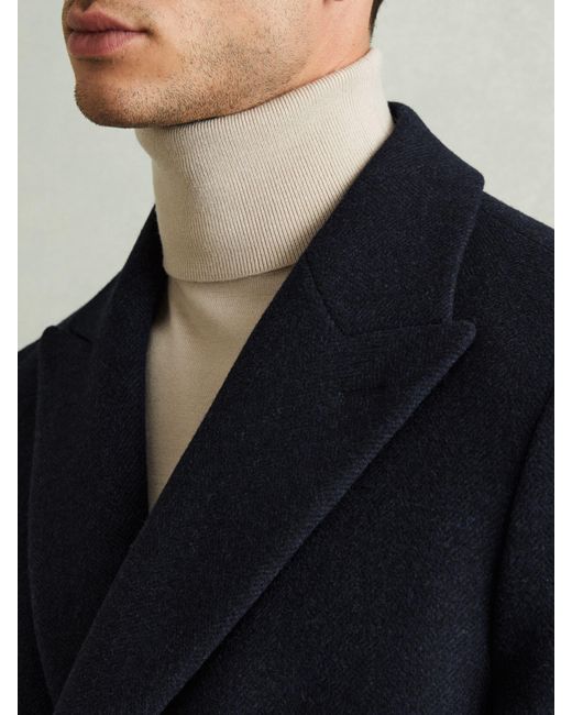 Reiss Blue Cliff - Navy Herringbone Wool Blend Herringbone Twill Overcoat, L for men