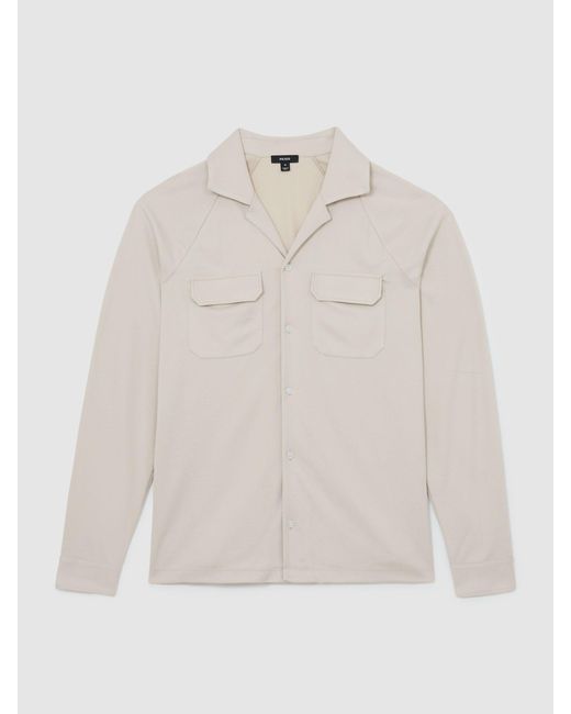 Reiss Natural Delmer - Light Stone Jersey Twin-pocket Cuban-collar Overshirt, L for men