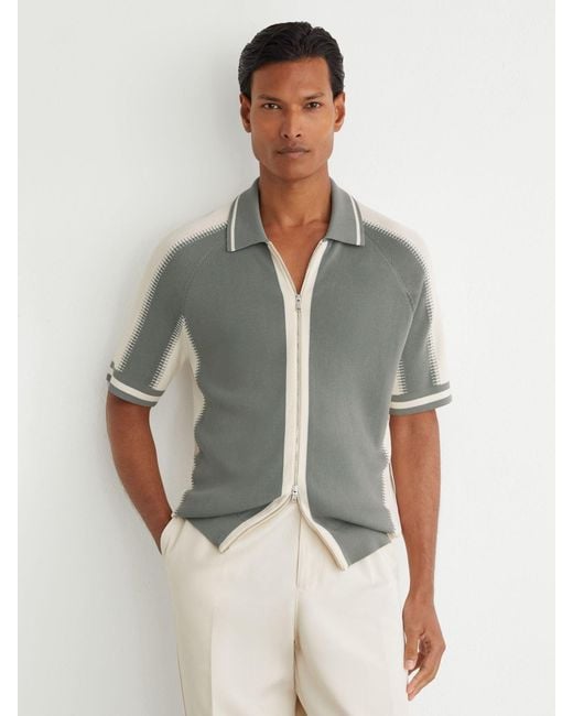 Reiss Gray Sage & Ecru Colour-Block Zip-Through Knit Shirt for men