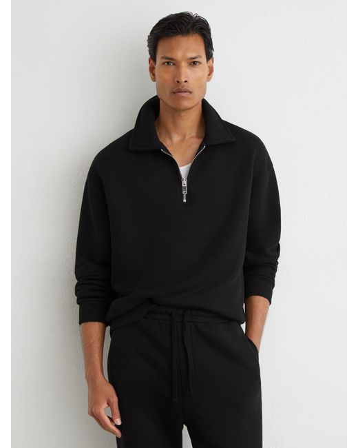 Reiss Black Cotton Heavyweight Half-Zip Sweatshirt for men