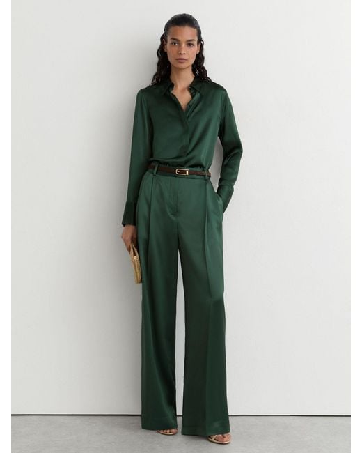 Reiss Green Silk-Satin Concealed-Placket Shirt