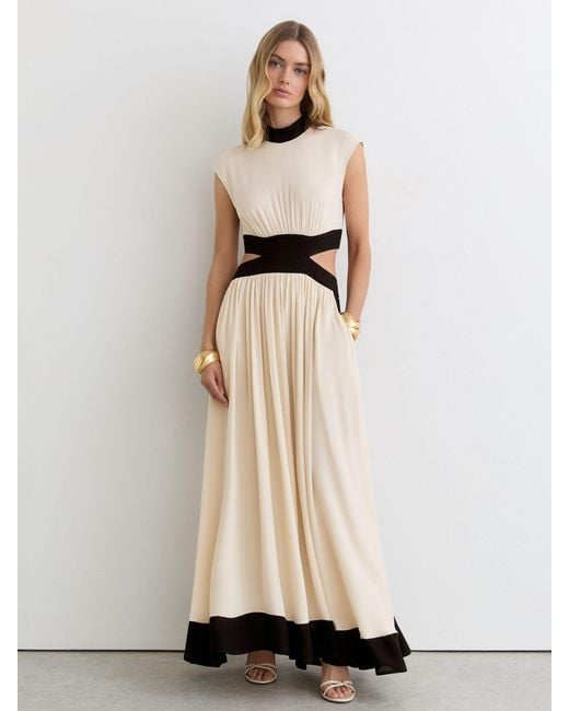 Reiss Natural Keely - Ivory/black Cut-out Waist Contrasting Maxi Dress, Us 10