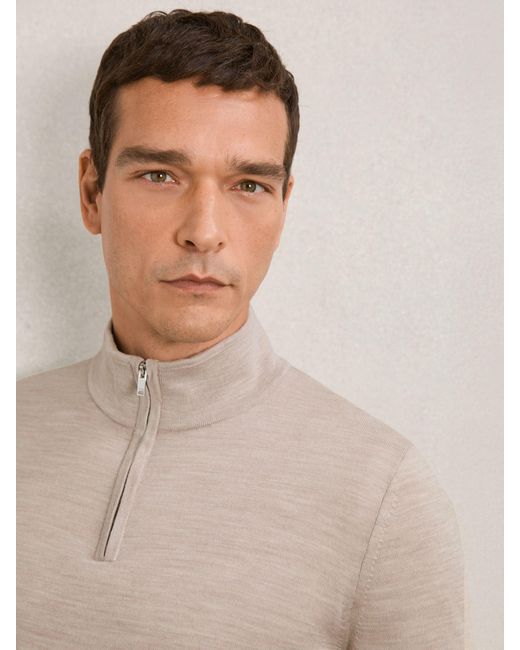 Reiss Natural Blackhall - Wheat Melange Merino Wool Zip Neck Jumper, S for men