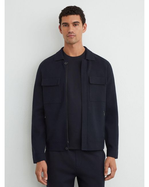 Reiss Blue Twin-Pocket Concealed-Placket Knitted Jacket for men