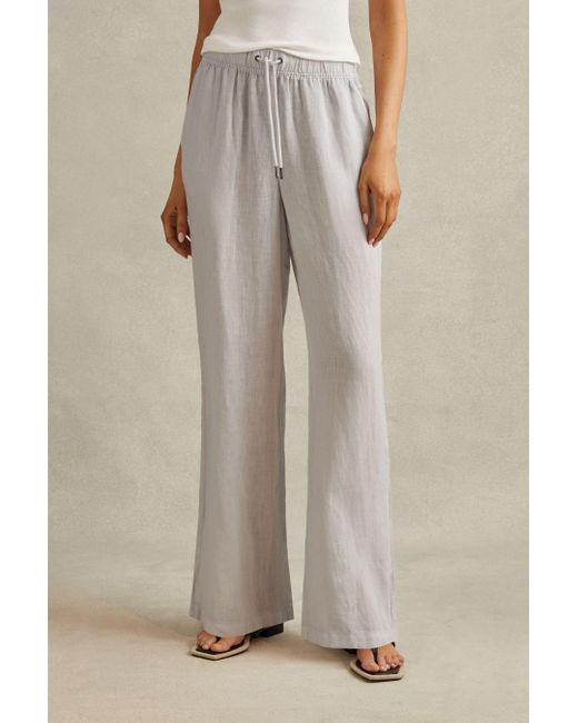 Reiss Natural Cleo - Dusty Blue Garment Dyed Wide Leg Linen Trousers