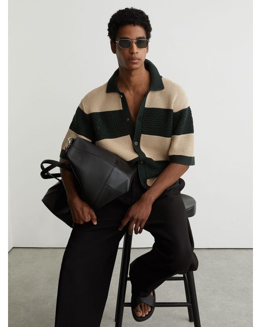 Reiss Black Dark & Camel Cotton Block-Stripe Knitted Shirt for men
