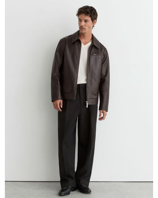 Reiss Black Leather Zip-Through Jacket for men