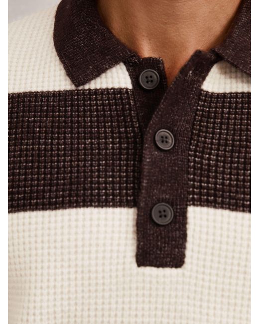 Reiss Black Chocolate & Off Waffle-Knit Stripe Half-Button Jumper With Wool for men