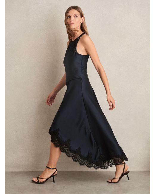 Reiss Blue Anais Satin Drape Lace-Trim Dress