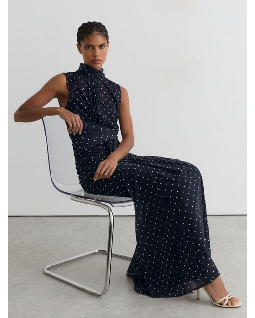 Reiss Blue Stacey Polka-Dot Print Sleeveless Maxi Dress