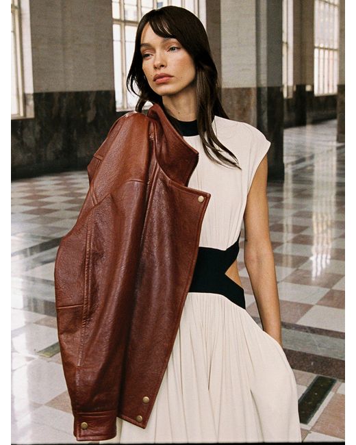 Reiss Brown Petite Textured Leather Oversized Jacket