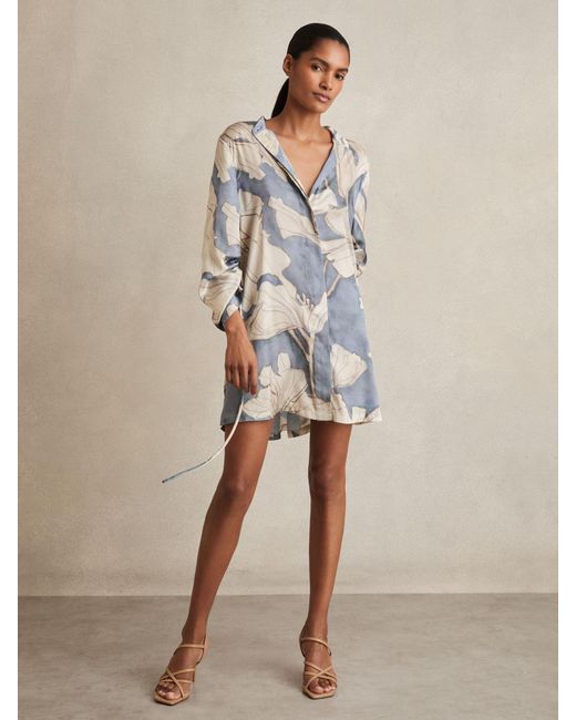 Reiss Natural Floral Print Cut-Out Shirt Dress
