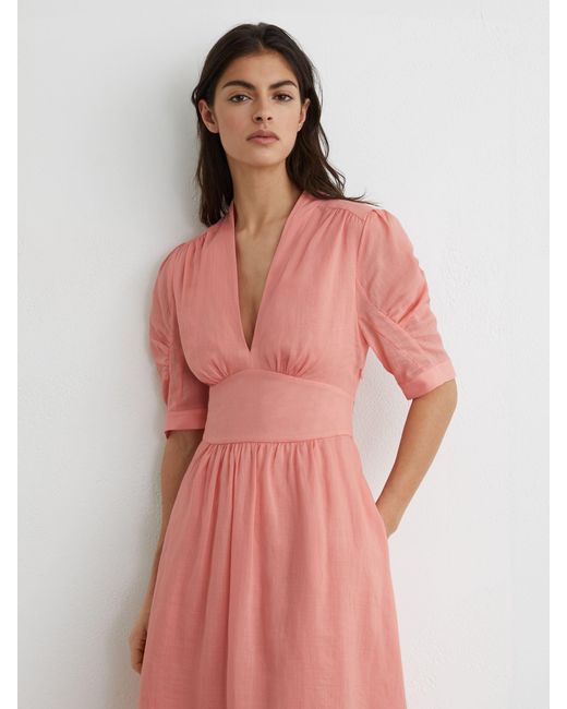 Reiss Poppy - Pink Short-sleeve Waisted Midi Dress, Us 12