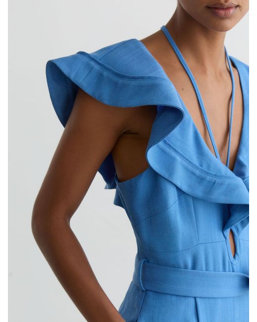 Reiss Sophia - Blue Ruffle Tie-neck Wide-leg Jumpsuit, Us 0