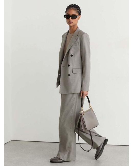 Reiss Gray Wool-Blend Wide-Leg Pleated Trousers