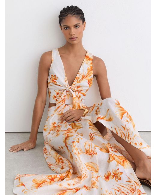 Reiss White Milly - Ivory/orange Linen Floral Print Tie Front Top, Us 14