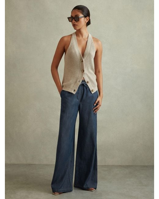 Reiss Blue Carter Mid Petite Denim Look Wide Leg Trousers