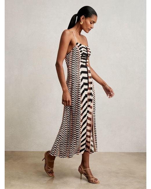 Reiss Natural Chevron-Stripe Ruched Midi Dress