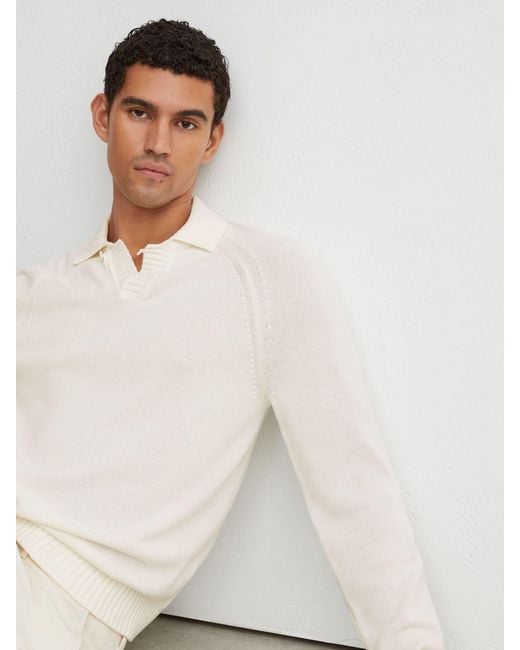 Reiss White Cotton Open-Collar Polo Jumper for men