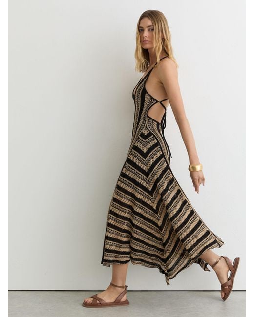 Reiss Natural Neutral Stripe Crochet-Knit Tie-Back Maxi Dress