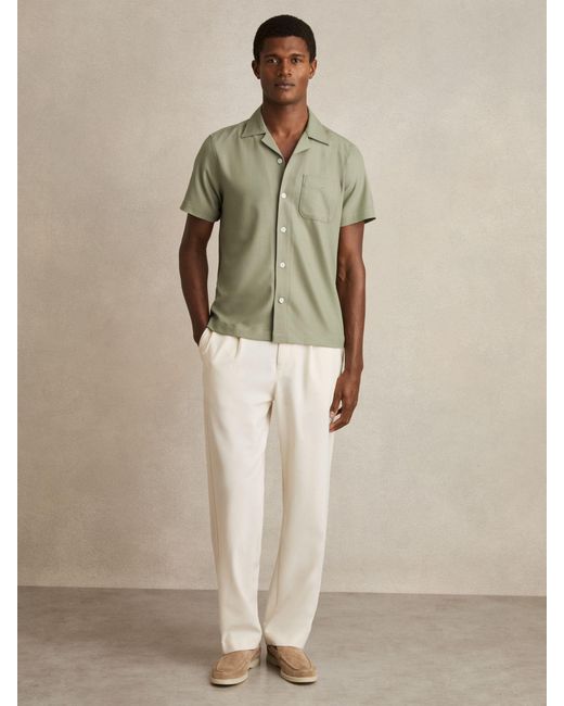 Reiss Green Nitus Herringbone Twill Cuban Collar Short Sleeve Shirt for men