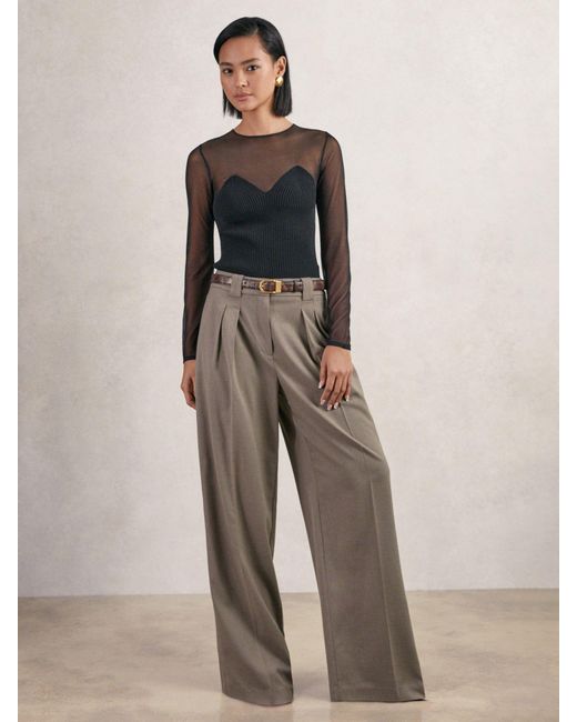 Reiss Brown Mesh Knit Sweetheart Long-Sleeve Top