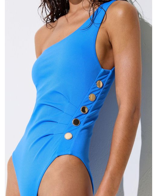 Reiss Palma - Blue One-shoulder Button-detail Swimsuit, Us 0