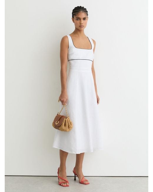 Reiss White Linen Contrast-Trim Midi Dress