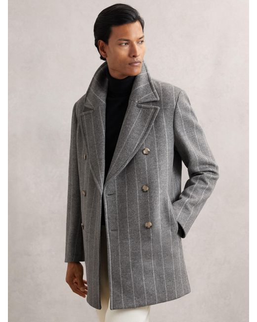 Reiss Gray Bergamo - Grey Wool-blend Chalk-stripe Pea Coat, Xl for men